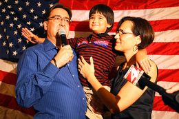 Pete Gallego makes his acceptance speech accompanied by his wife, Maria Elena and son, Nicolas, 8,  during the district 23 victory party at Don Pedro Mexican Restaurant in south San Antonio, Tuesday, November 6, 2012.