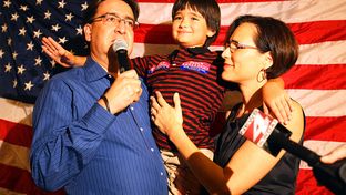 Pete Gallego makes his acceptance speech accompanied by his wife, Maria Elena and son, Nicolas, 8,  during the district 23 victory party at Don Pedro Mexican Restaurant in south San Antonio, Tuesday, November 6, 2012.