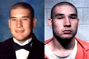 Aaron Hart, in a graduation photo (left) and a jail mugshot (right). 