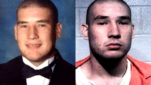 Aaron Hart, in a graduation photo (left) and a jail mugshot (right). 
