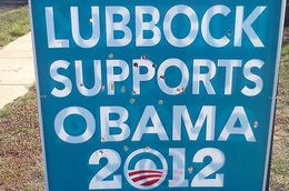 The Lubbock County Democratic Party says signs proclaiming support for Barack Obama have been defaced. Party officials say this sign was shot full of holes, possibly from a paintball gun.