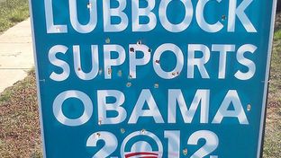 The Lubbock County Democratic Party says signs proclaiming support for Barack Obama have been defaced. Party officials say this sign was shot full of holes, possibly from a paintball gun.