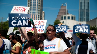 Obama supporters awaiting President Obama's motorcade Austin, Texas on August 9, 2010.