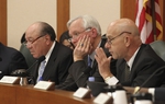Senators Juan Hinojosa _(D-Mission), Chairman Steve Ogden (R-Bryan) and John Whitmire (D-Houston) listen to testimony in the Senate Finance Committee hearing on January 31, 2011. 