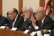 Senators Juan Hinojosa _(D-Mission), Chairman Steve Ogden (R-Bryan) and John Whitmire (D-Houston) listen to testimony in the Senate Finance Committee hearing on January 31, 2011. 