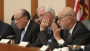Senators Juan Hinojosa _(D-Mission), Chairman Steve Ogden (R-Bryan) and John Whitmire (D-Houston) listen to testimony in the Senate Finance Committee hearing on January 31, 2011. 