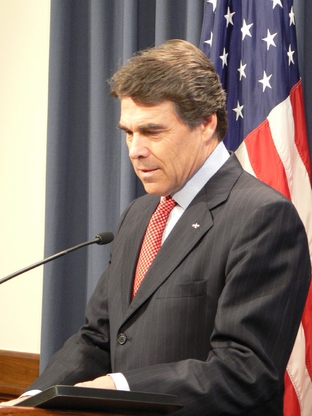 Governor Rick Perry at the podium in his press conference room