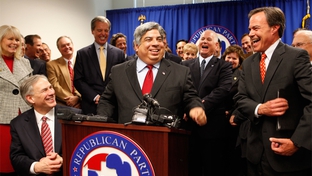 State Rep. Aaron Pena, R-Edinburg, at the Texas Republican Party headquarters Dec. 14, after announcing he switched parties.