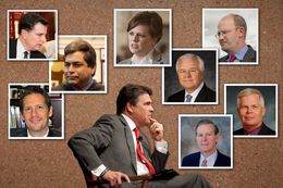 Surrounding Gov. Rick Perry are (clockwise, from bottom left) Jeffrey Boyd, Mike Toomey, David Medina, Deirdre Delisi, Mike McKinney, Phil Wilson, Jay Kimbrough and John Steen.