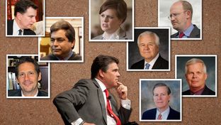Surrounding Gov. Rick Perry are (clockwise, from bottom left) Jeffrey Boyd, Mike Toomey, David Medina, Deirdre Delisi, Mike McKinney, Phil Wilson, Jay Kimbrough and John Steen.