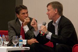 September 14th, 2012: Texas Gov. Rick Perry with Colorado Gov. John Hickenlooper, discuss economic development at the Devner Metro Chamber Leadership Foundation's 2012 Leadership Exchange in Austin, Texas