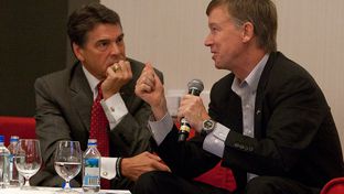 September 14th, 2012: Texas Gov. Rick Perry with Colorado Gov. John Hickenlooper, discuss economic development at the Devner Metro Chamber Leadership Foundation's 2012 Leadership Exchange in Austin, Texas