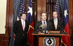 Governor Rick Perry, Speaker Joe Straus and Lt. Governor David Dewhurst after their first weekly breakfast meeting saying they will work together on the state budget. 