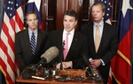 Governor Rick Perry, Speaker Joe Straus and Lt. Governor David Dewhurst after their first weekly breakfast meeting saying they will work together on the state budget. 