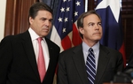 Governor Rick Perry, Speaker Joe Straus and Lt. Governor David Dewhurst after their first weekly breakfast meeting saying they will work together on the state budget. 