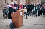 Imam Islam Mossad of the North Austin Muslim Community Center recites the Islamic call to prayer to start Texas Impact's interfaith prayer service on the capitol steps on the first day of session. Members of Christian, Muslim and Jewish faith traditions gathered to pray for legislators and to ask that they act as responsible shepherds for the people of Texas.