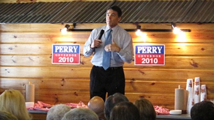 Gov. Rick Perry, campaigning at a barbecue restaurant in Temple.