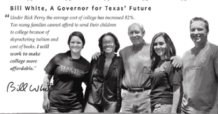 Bill White appears with Texas Tech students in his ad that runs in the university's student paper.