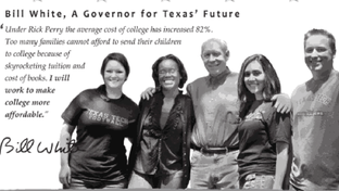Bill White appears with Texas Tech students in his ad that runs in the university's student paper.