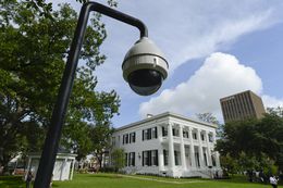 A security camera keeps watch on the newly-restored Texas Governor's Mansion on July 18, 2012.