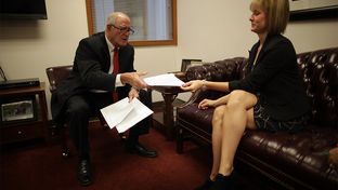 State Sen. Kel Seliger, R-Amarillo, meets with his chief of staff, Ginger Averitt, at their Capitol office on October 16, 2012.