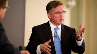 Chairman of the Railroad Commission, Barry Smitherman, talks with Evan Smith at TribLive on December 13, 2012.