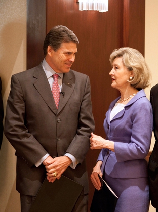 Kay Bailey Hutchison endorsing Rick Perry for governor at a Texas Federation of Republican Women breakfast.