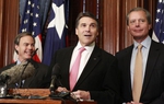 Governor Rick Perry, Speaker Joe Straus and Lt. Governor David Dewhurst after their first weekly breakfast meeting saying they will work together on the state budget. 