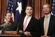 Governor Rick Perry, Speaker Joe Straus and Lt. Governor David Dewhurst after their first weekly breakfast meeting saying they will work together on the state budget. 