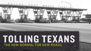 Cars passing through the toll turnstiles at the Dallas-Fort Worth Turnpike, which is now Interstate 30.