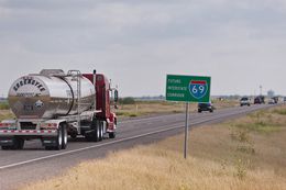 Traffic along US 77 between Driscoll and Kingsville, Texas.  A 10-mile stretch of this road  from Kingsville to Driscoll is right now a simple state highway with cross-traffic and stop lights. About $50 million is going to be used to upgrade it to interstate highway standards.  6/4/12