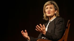 Evan Smith interviewing U.S. Sen. Kay Bailey Hutchison at the LBJ Presidential Library on Oct. 15, 2012.