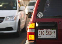 A vehicle with Chihuahua State, Mexico license plates turning onto Cesar Chavez Border Highway/Loop 375 in El Paso, Texas on August 20, 2012.