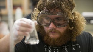 Texas Science Scholar Wesley Powers, a junior chemistry major from Midland, Texas, works on a 3-hour-long lab experiment at the University of Texas of the Permian Basin in Odessa, Texas. Powers is obtaining his chemistry degree in order to attend pharmacy school.