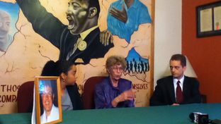 At a Texas Civil Rights Project press conference, Shirley Appell, center, the mother of Shawn Appell, argues that jailers in Llano County are responsible for her son's death. She is seeking civil damages.