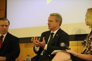 Texas Health and Human Services commissioner Kyle Janek (center) with deputy commissioner Chris Traylor and moderator Emily Ramshaw in a discussion of the future of state health policy at The Texas Tribune Festival on Sept. 22, 2012.