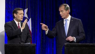 Ted Cruz and Lt. Gov. David Dewhurst at a U.S. Senate debate in Houston on July 23, 2012.