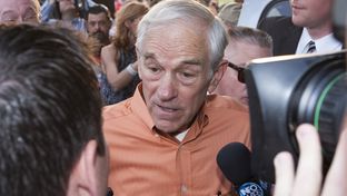 Ron Paul speaking to reporters after a rally at the University of Texas at Austin on April 26, 2012.