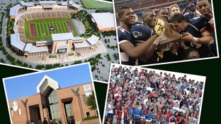 Clockwise from top left: an architect's rendering of the new stadium; Allen players after the 2008 state championship in Houston; Allen students at a game in the current stadium; the front of Allen High.