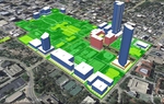 This rendering, from the Texas Facilities Commission, shows the locations for proposed new state-owned buildings in pink, sites for privately owned buildings on leased state land in blue, and a mall stretching for four blocks north of the Capitol (the light green area on the upper right).