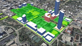 This rendering, from the Texas Facilities Commission, shows the locations for proposed new state-owned buildings in pink, sites for privately owned buildings on leased state land in blue, and a mall stretching for four blocks north of the Capitol (the light green area on the upper right).