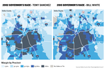 Dallas County has grown increasingly Democratic in the last decade. In the map, darker precincts represent support for Democrats Tony Sanchez and Bill White, who ran in 2002 and 2010, respectively. 