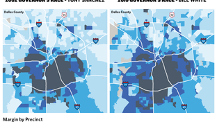 Dallas County has grown increasingly Democratic in the last decade. In the map, darker precincts represent support for Democrats Tony Sanchez and Bill White, who ran in 2002 and 2010, respectively. 