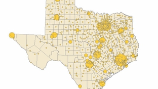 This map of 2009 fundraising by all the major candidates in the governor's race shows proportional bubbles based on the percentage of contributions collected from a city. 