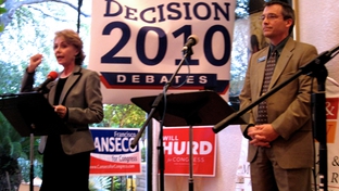 Rick Green and Judge Debra Lehrmann at a Young Republicans debate in San Antonio.