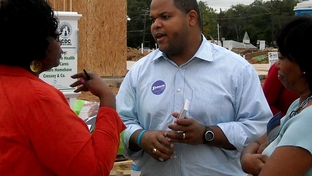 Democrat Eric Johnson campaigns to replace incumbent Dallas Rep. Terri Hodge in House District 100. Hodge has pleaded guilty to lying on her tax return. 