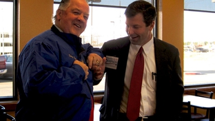 Rep. Tommy Merrit (left) and his Republican primary challenger David Simpson (right) unexpectedly run into each other as both court Longview's Chick-Fil-A breakfast club.