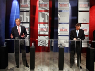 Lt. Gov. David Dewhurst and Ted Cruz at a Belo-sponsored U.S. Senate debate on April 13, 2012.