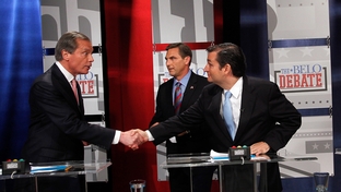 The 4 leading contenders for the U.S. senate seat being vacated by retiring Sen. Kay Bailey Hutchison -- Lt. Governor David Dewhurst, former Dallas mayor Tom Leppert, former Texas solicitor general Ted Cruz and former ESPN sportscaster Craig James -- gathered in Dallas for the Belo debate on Friday, April 13, 2012.