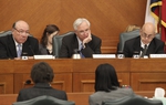 Senators Juan "Chuy" Hinojosa (D-Mission), Chairman Steve Ogden (R-Bryan) and John Whitmire (D-Houston) listen to SB1 testimony on January 31, 2011